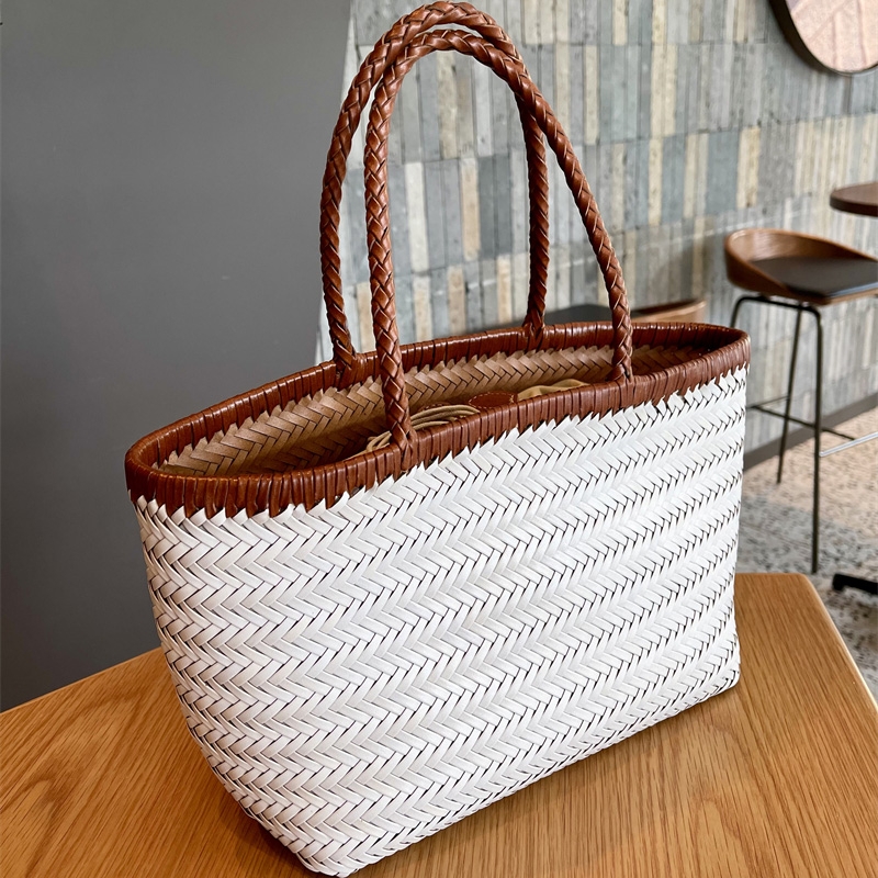 Beige and Brown Cow Leather Woven Tote Handbags | Baginning