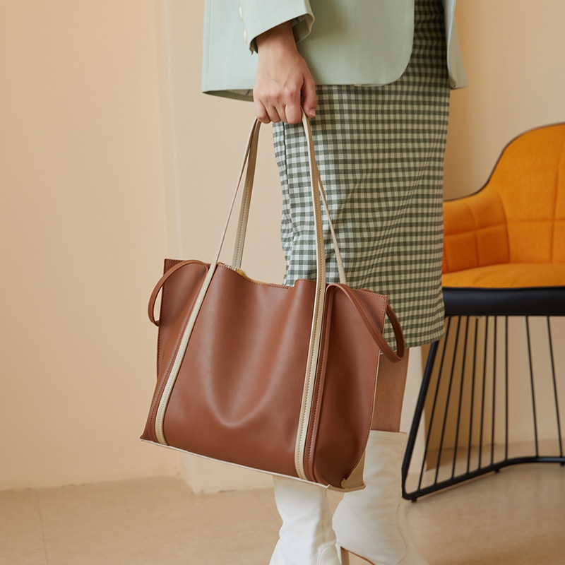 Beige&Brown Leather Handle Tote Bag Office Shoulder Bags with Pocket ...