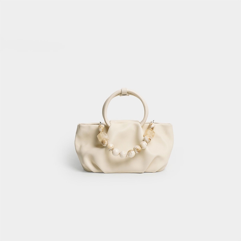 Beige Leather Cloud Bag Acrylic Beads Handbags  Chain Circle Handle Purses