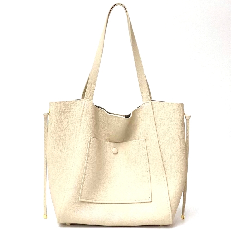 Beige Leather Large Tote Bag Top Handle Office Purse With Inner Pocket