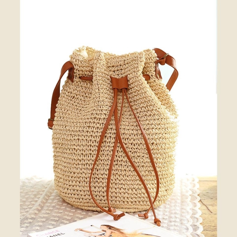 Beige Straw Bucket Bag Vintage Shoulder Summer Handbags