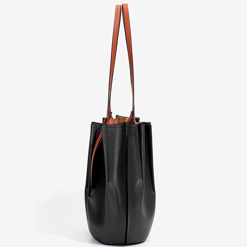 Black Leather Soft Bucket Bag Top Handle Handbag with Inner Purse