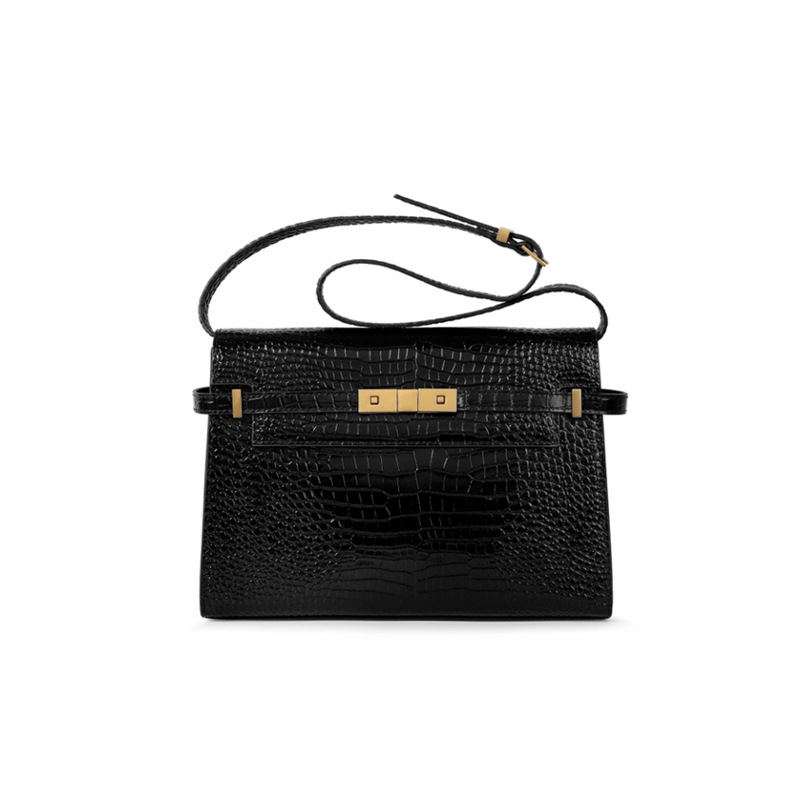 Black Croc Effect Leather Gold Lock Crossbody Satchel Bag Handbags