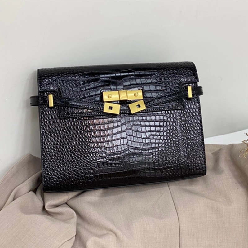 Black Croc Effect Leather Gold Lock Crossbody Satchel Bag Handbags