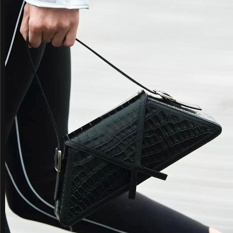 Black Croc Printed Triangle Flap Shoulder Bag Crossbody Vegan Purses