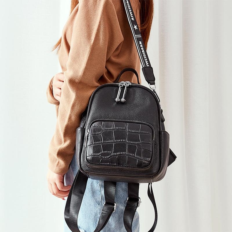 Black Croc Printed Leather Backpacks Mini Backpack