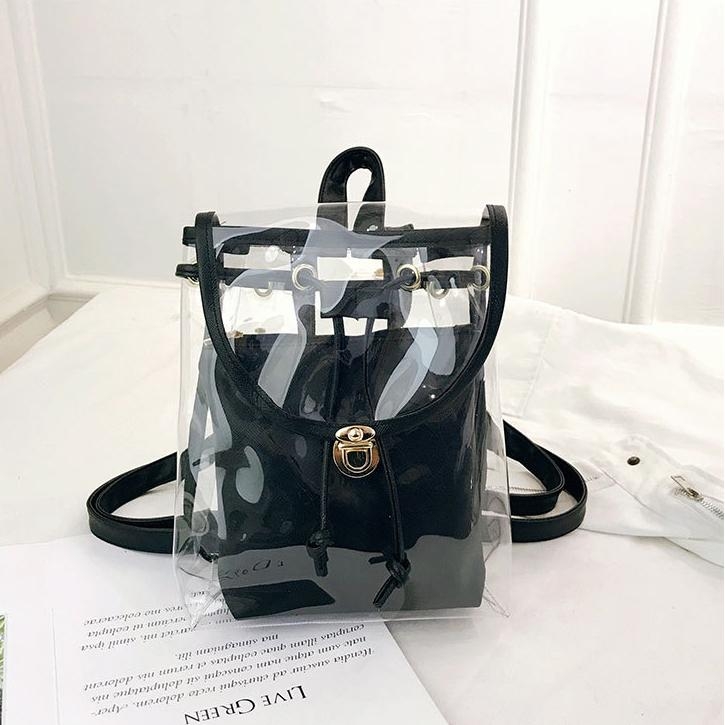 Black Flap PVC Clear Backpacks Cute Transparent Bags with Inner Pouch 