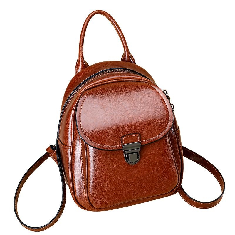 Brown Flap Top Handle Leather Mini Backpack Zip Purse for Women