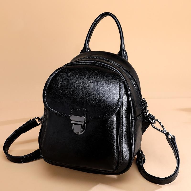 Black Flap Top Handle Leather Mini Backpack Zip Purse for Women