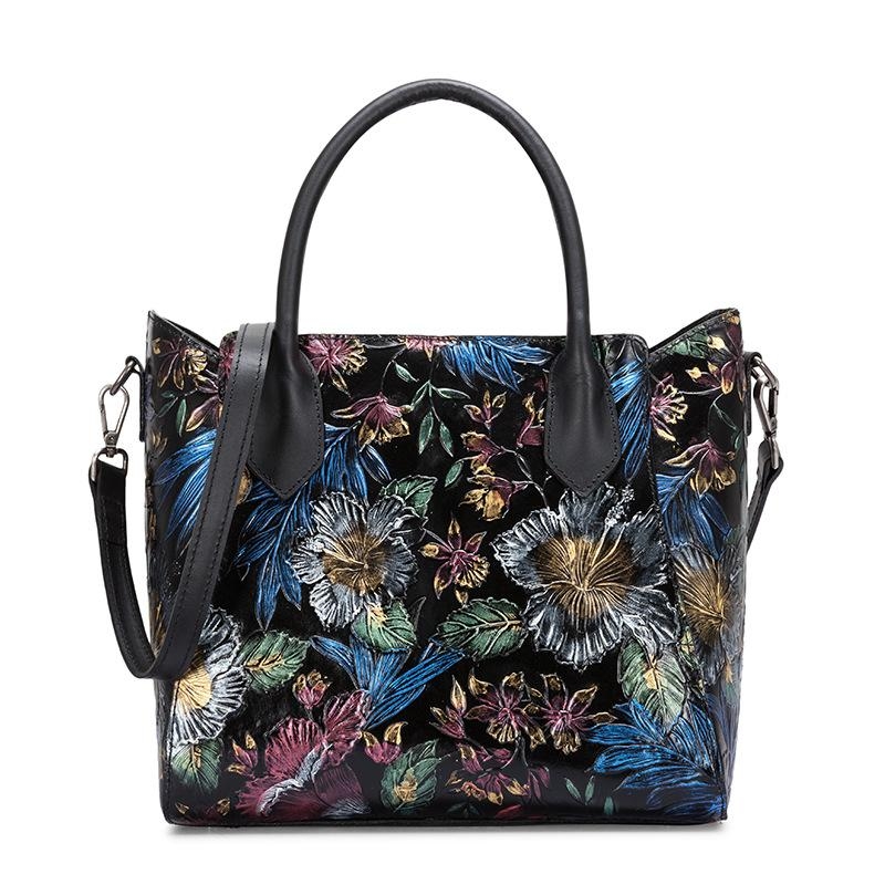 Black Flower Embossing Leather Tote Bags Hand-drawn Illustration