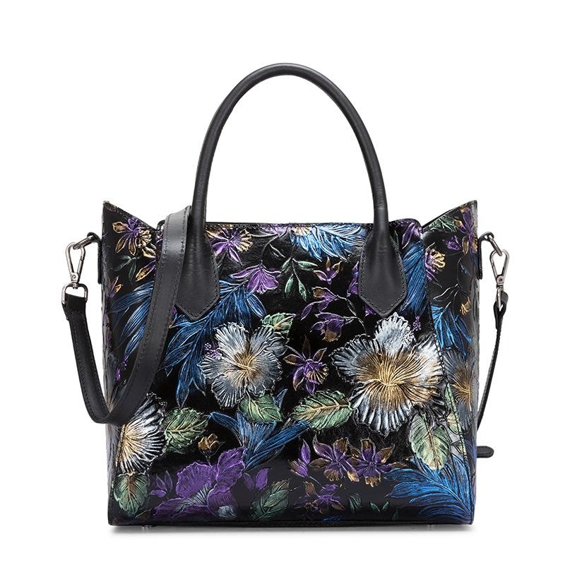 Women's Black Work Handbags Flower Embossing Leather Tote Bags Hand-drawn Illustration