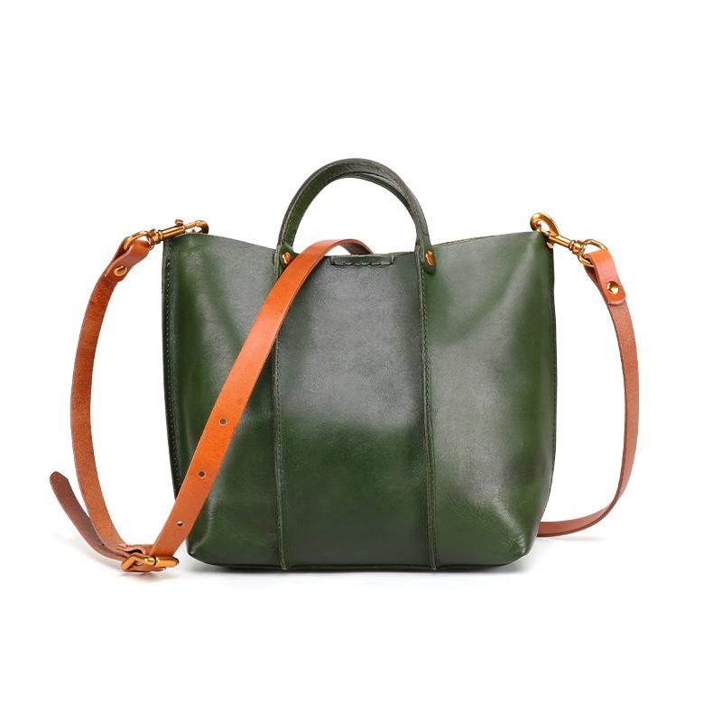 Green Full Grain Leather Zipper Crossbody Tote Bag