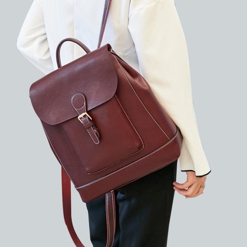 Brown Genuine Leather Large Flap Zip Buckle Backpack