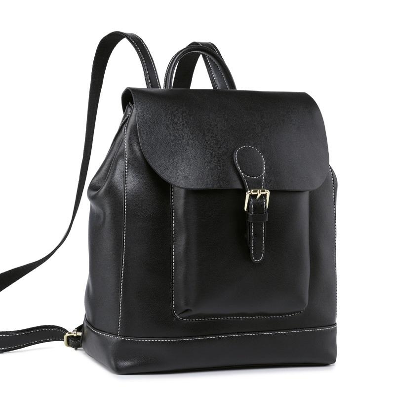 Black Genuine Leather Large Flap Zip Buckle Backpack