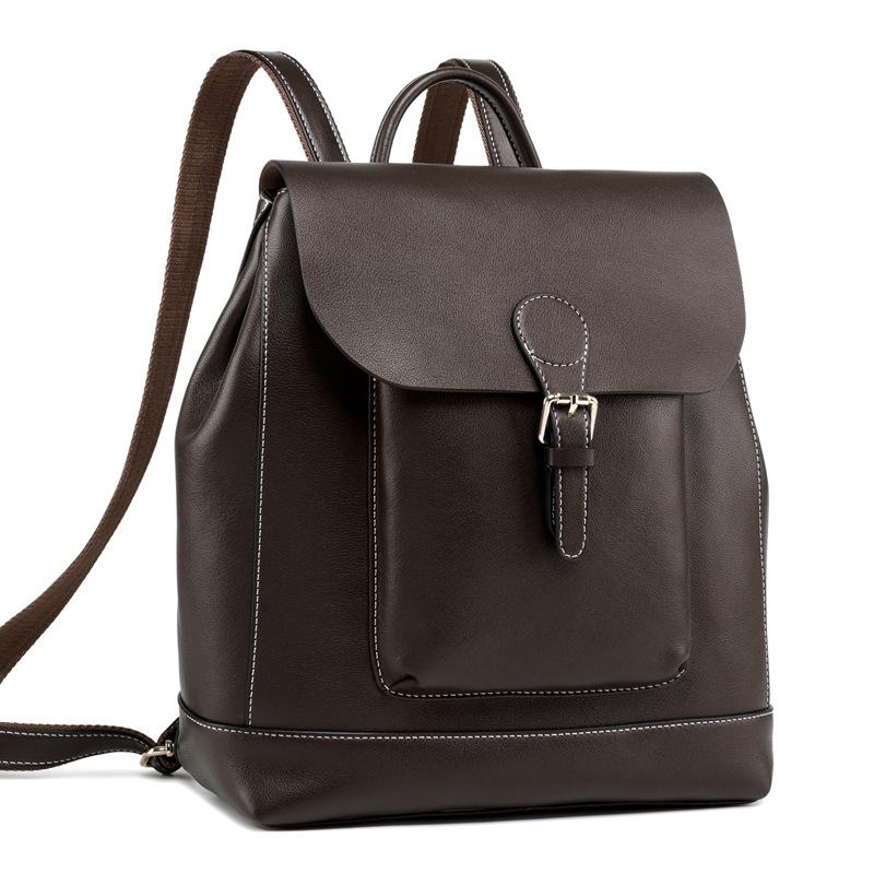 Brown Genuine Leather Large Flap Zip Buckle Backpack