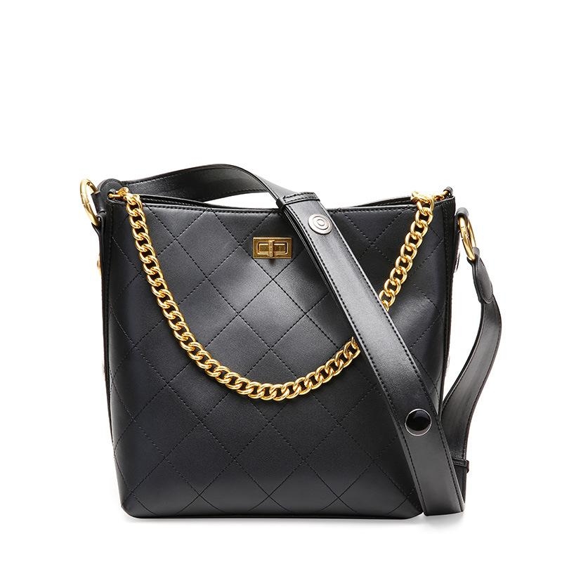 Black Genuine Leather Shoulder Bucket Bags Work Bags with Chain