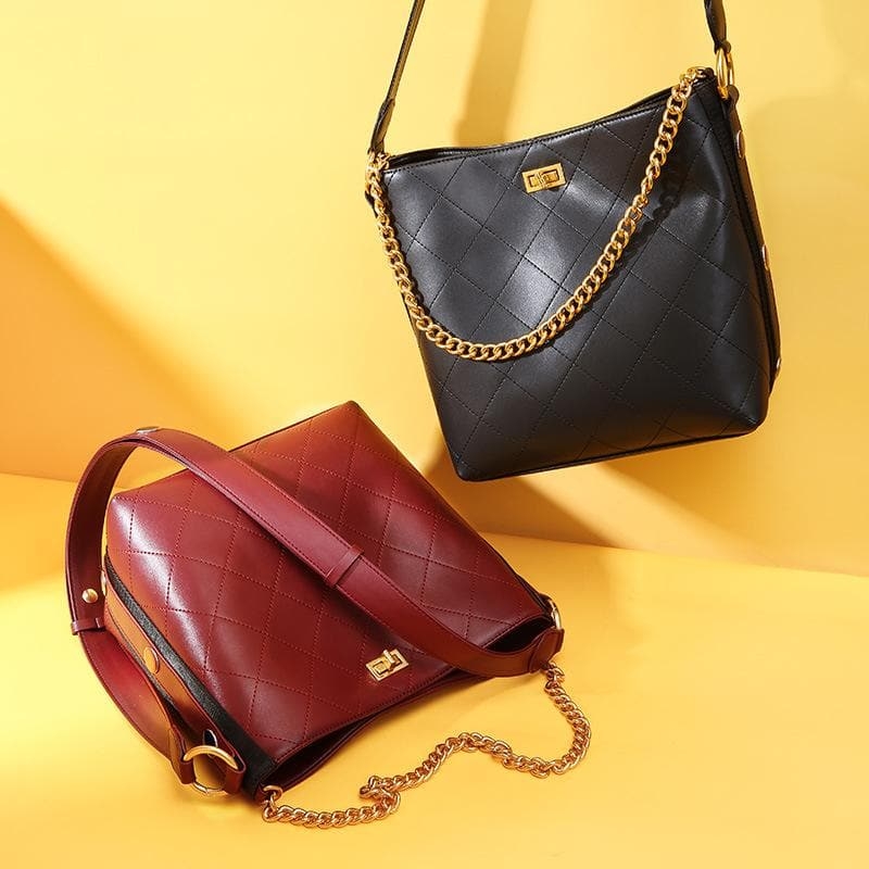 Burgundy Genuine Leather Shoulder Bucket Bags Work Bags with Chain