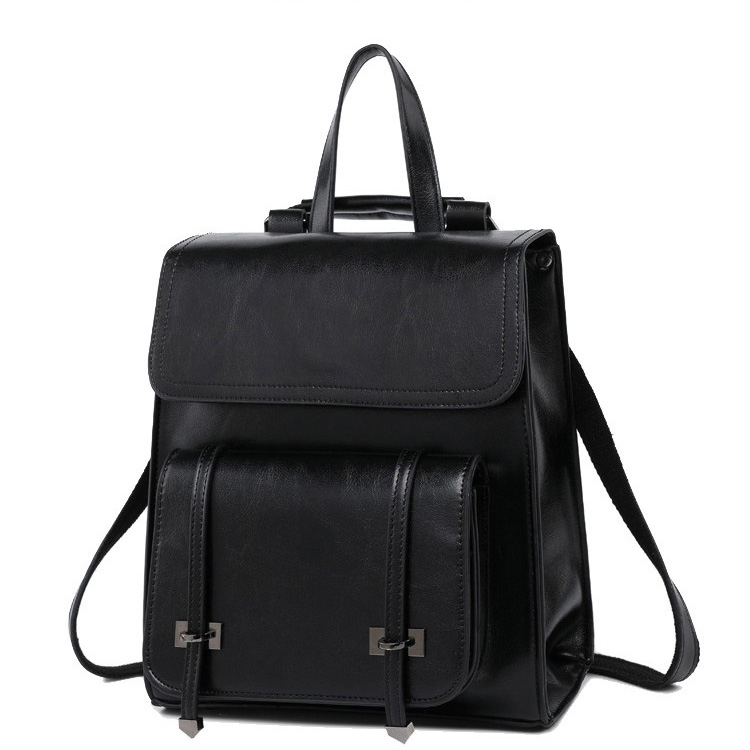 Black Genuine Leather Vintage Flap Backpack for College | Baginning