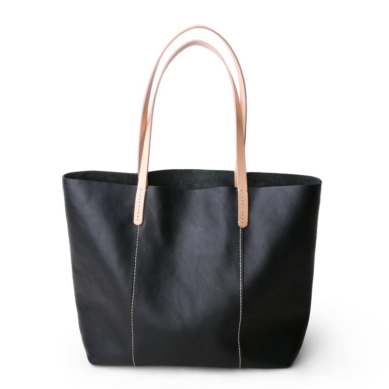Black Horizontal Soft Leather Tote Bag for Women