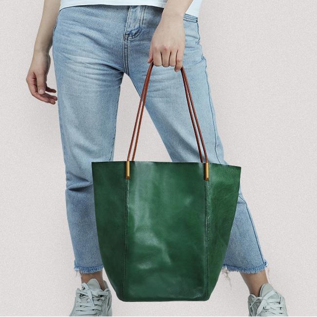Green Large Vegetable Tanned Leather Tote Bag