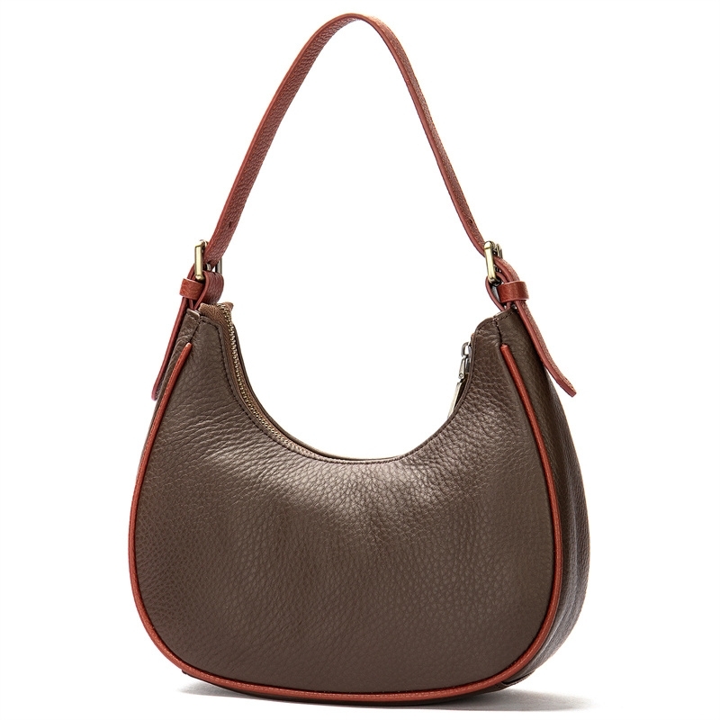 Coffee-Brown Leather Adjustable Shoulder Strap Baguette Hobo Bags