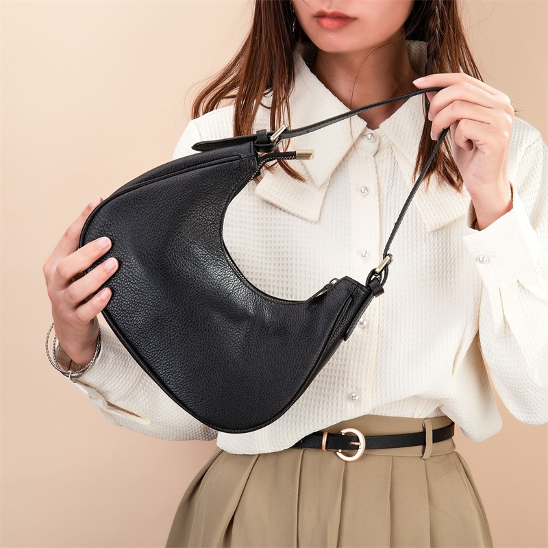 Black Leather Adjustable Shoulder Strap Baguette Hobo Bags