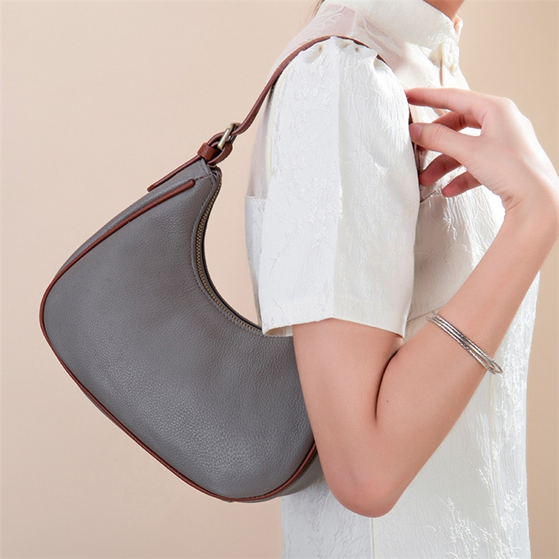 Grey Leather Adjustable Shoulder Strap Baguette Hobo Bags