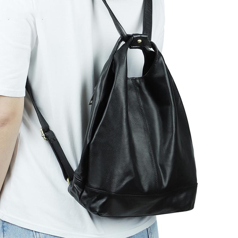 Black Leather Button Shoulder Bag Vintage Backpack