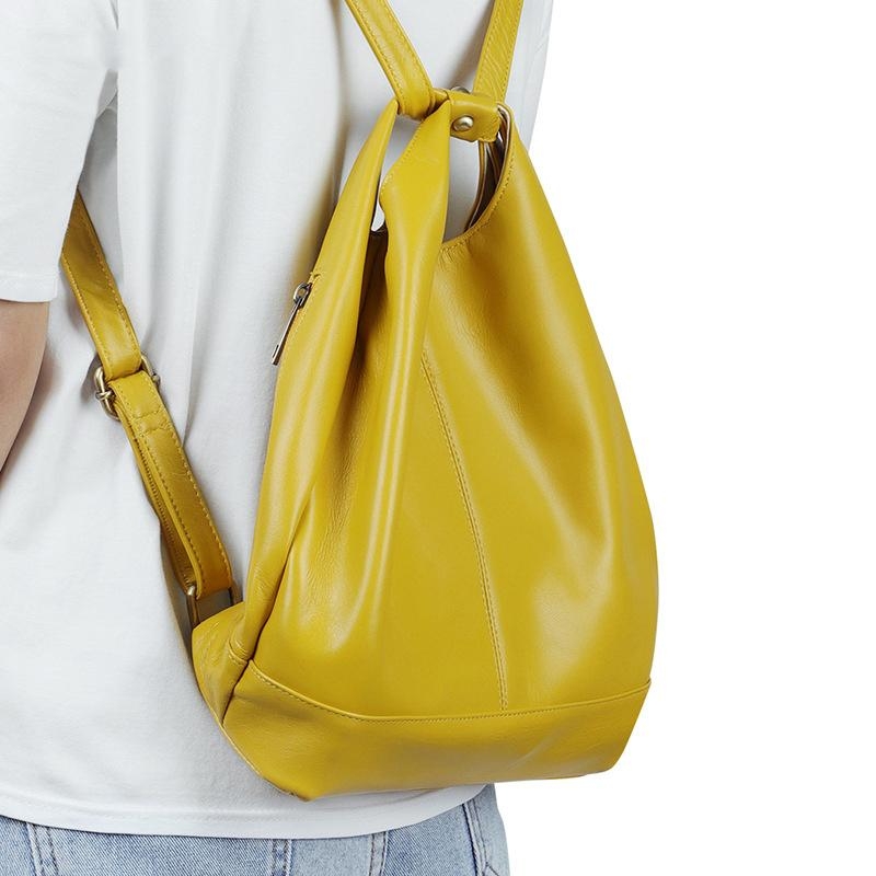 Yellow Leather Button Shoulder Bag Vintage Backpack