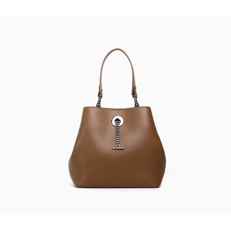 Brown Leather Chain Lock Bucket Handbag Top Handle Crossbody Purse