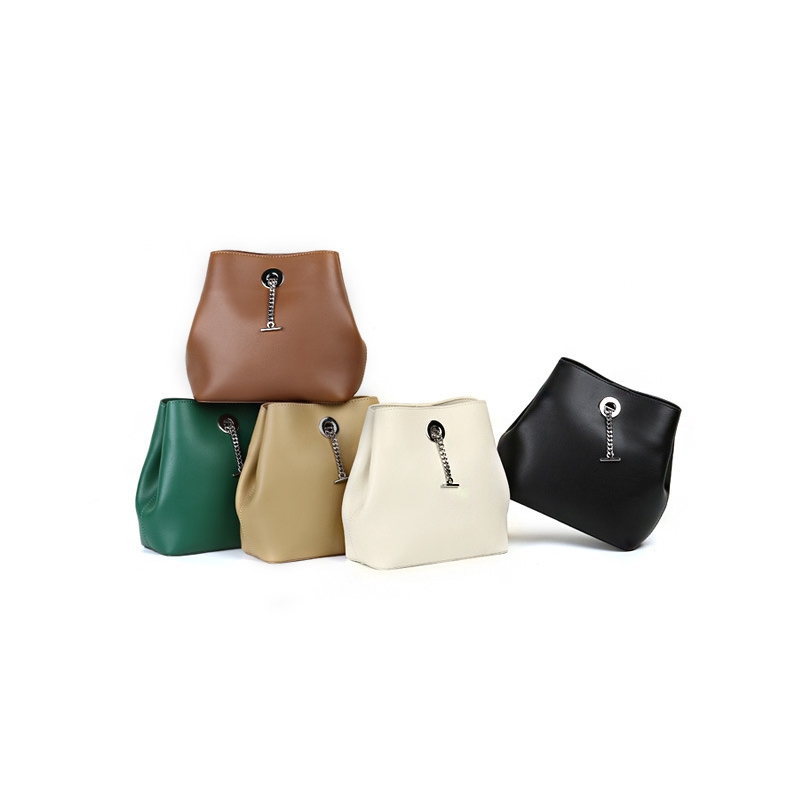 Brown Leather Chain Lock Bucket Handbag Top Handle Crossbody Purse
