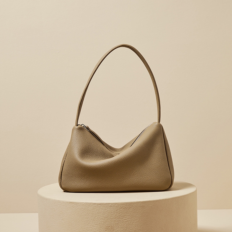 Khaki Leather Cube Square Shoulder Hobo Bag Zipper One Handle Simply Handbags