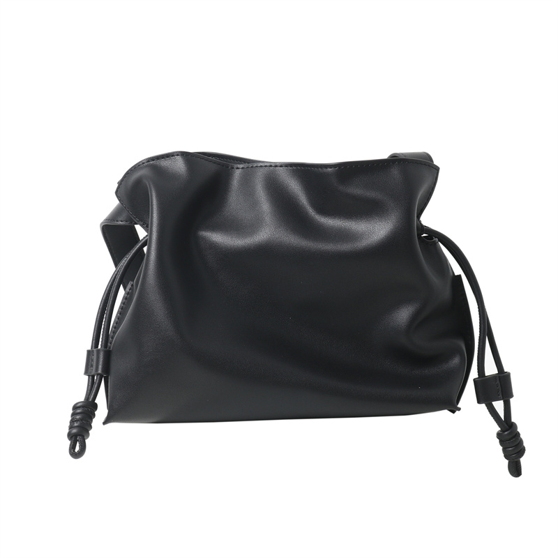 Black Leather Draw Sting Shoulder Bag