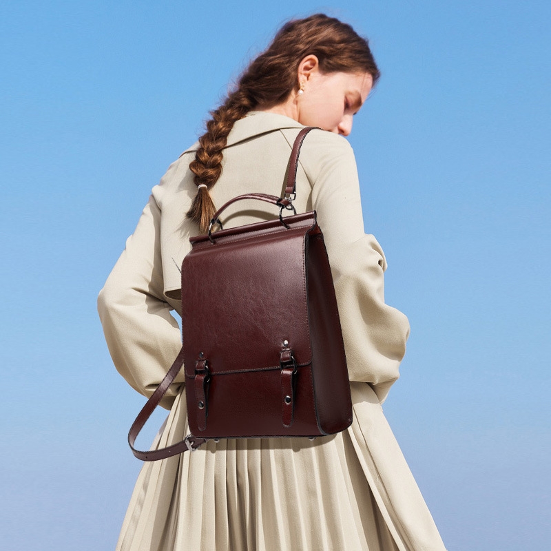Maroon-Coffee Leather Flap Vintage School Backpacks Mini Backpack