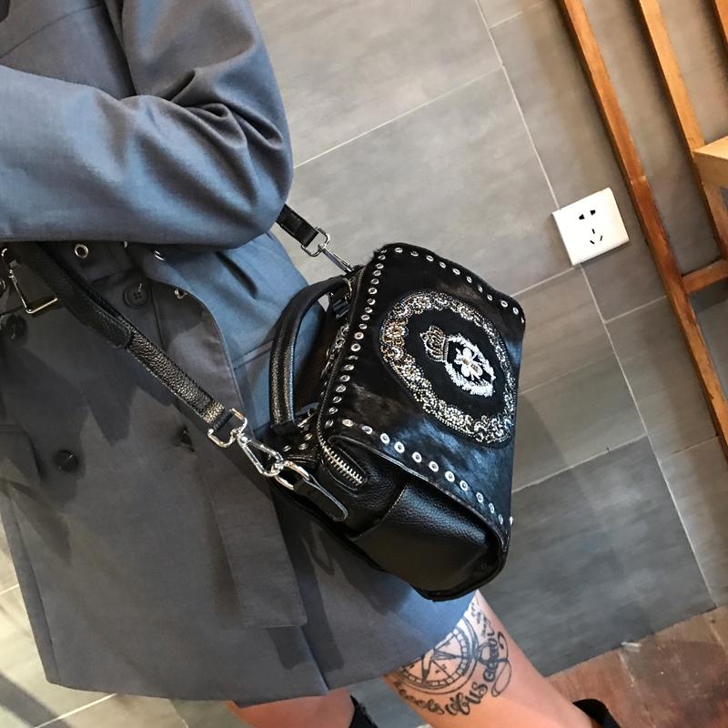 Black Horsehair Leather Handbags Bee Rhinestone Shoulder Boston Bags