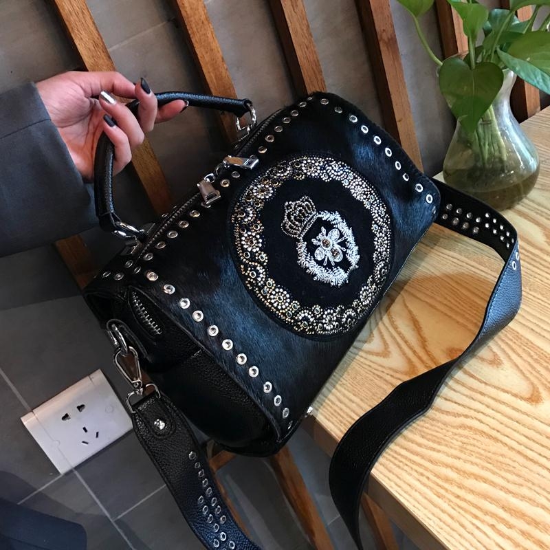 Black Leather Handbags Bee Rhinestone Shoulder Boston Bags