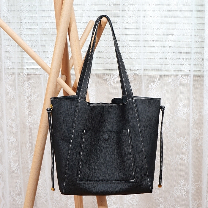 Black Leather Large Tote Bag Top Handle Office Purse With Inner Pocket