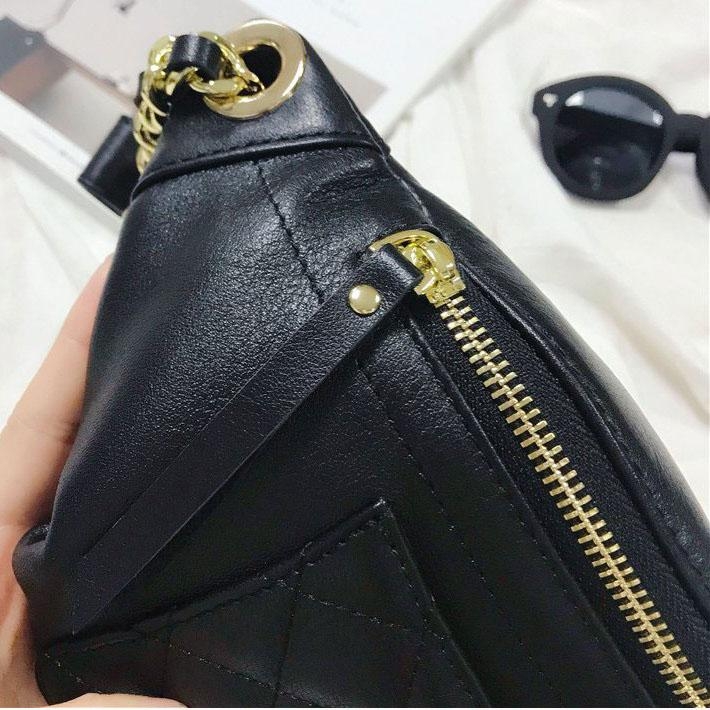 Black Leather Quilted Belt Bag Crossbody Waist Bag