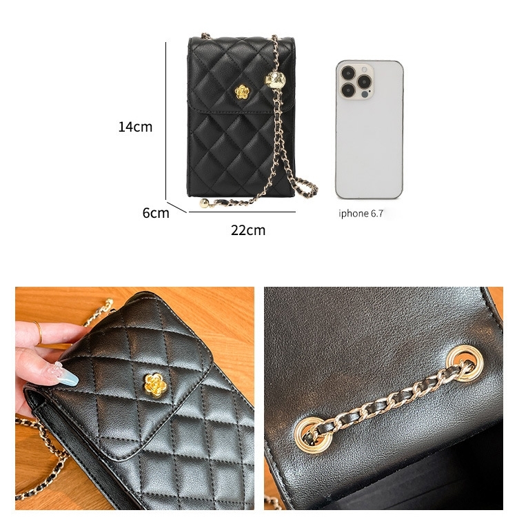 Black Leather Quilted Chain Shoulder Mini Bags Cellphone Pouch