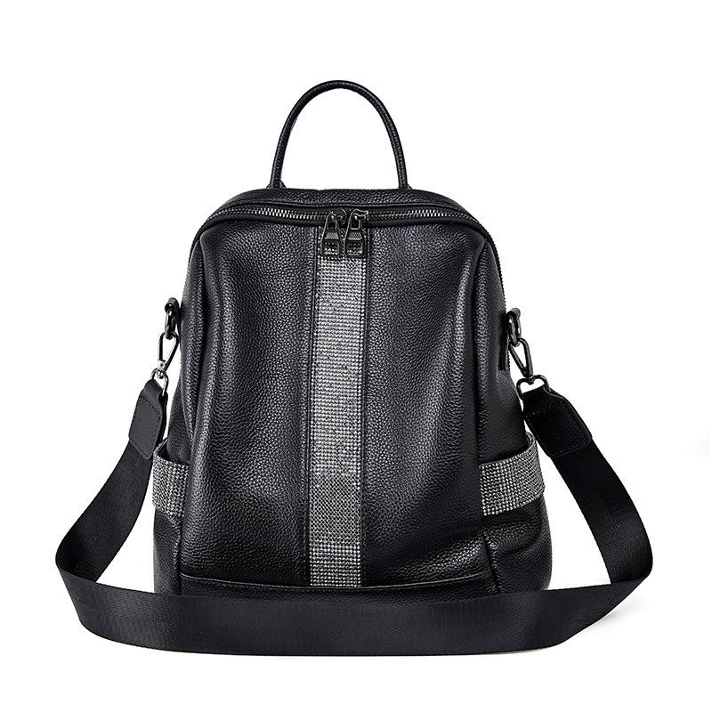 Black Leather Rhinestone Litchi Grain Backpack Wide Strap Side Bag