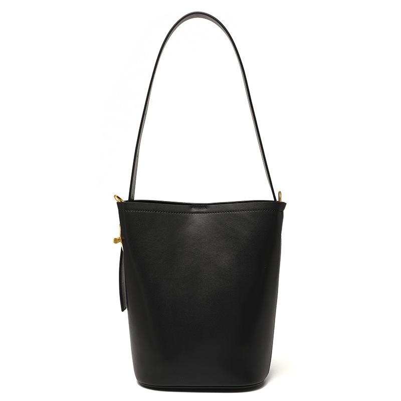 Black Leather Shoulder Bucket Bag Crossbody Purse with Inner Pocket
