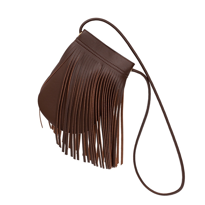 Chocolate Brown Leather Small Tassel  Crossbody Bag