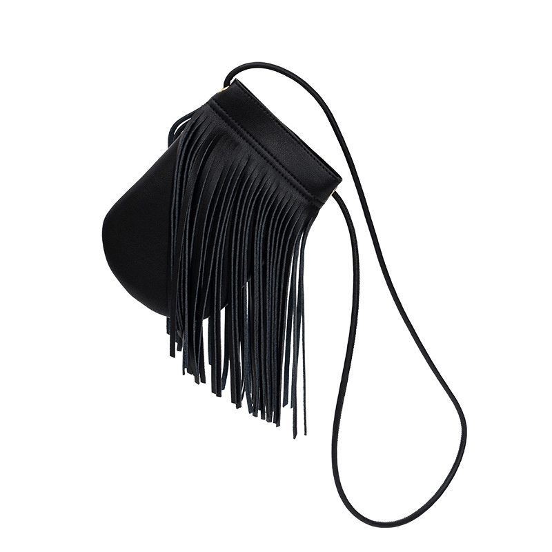 Black Leather Small Tassel  Crossbody Bag