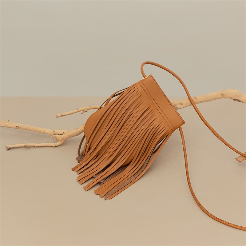 Brown Leather Small Tassel  Crossbody Bag