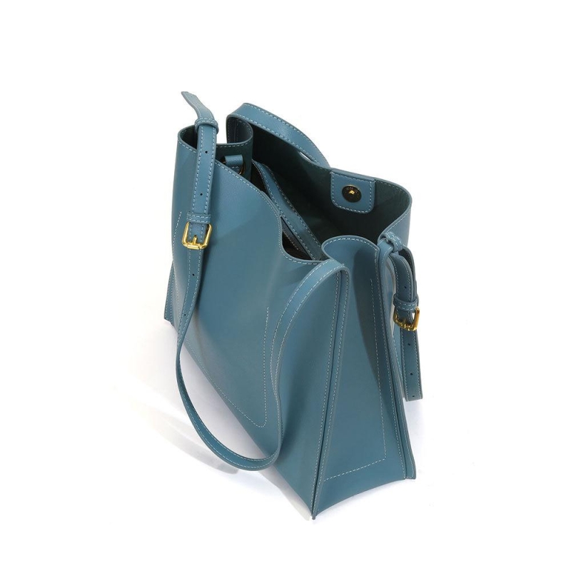 Blue Leather Vertical Shoulder Bag Handbag with Adjustable Strap