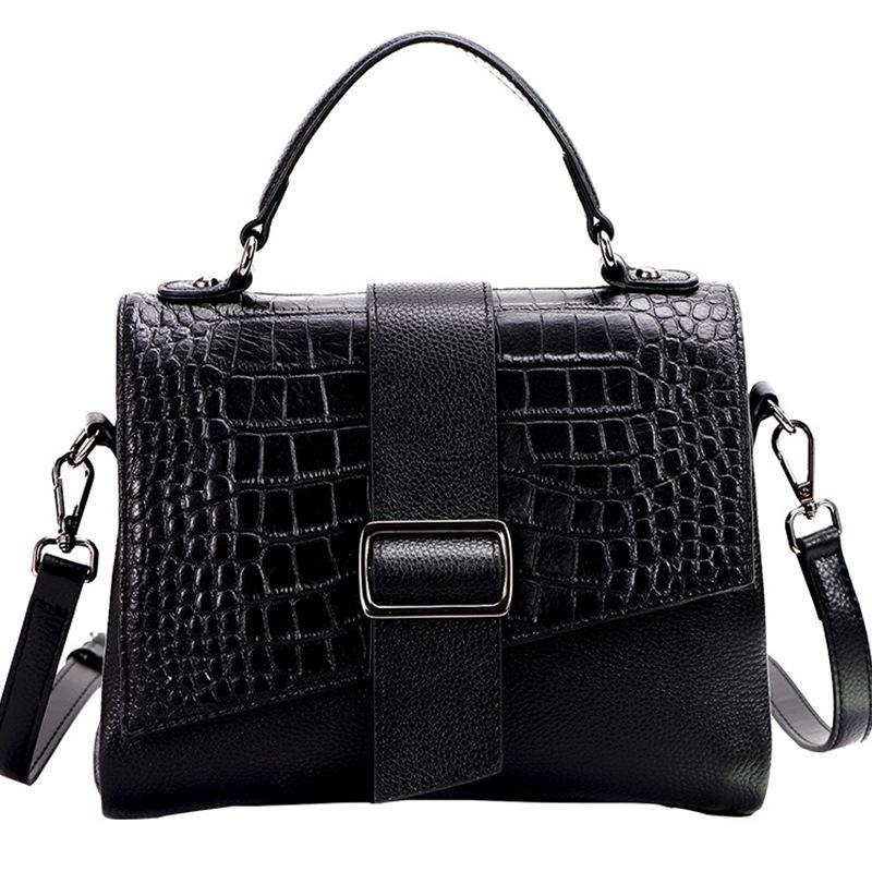 Black Leather Wide Strap Croc Print Crossbody Buckle Satchel Bag