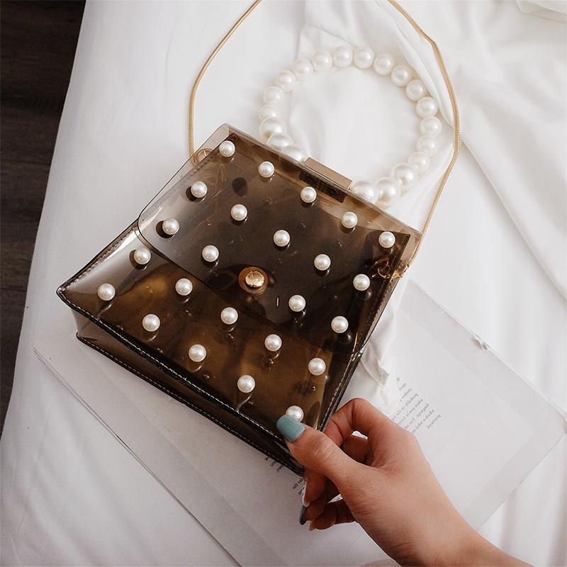 Black Pearls Flap Clear Bag Crossbody Handbags with Gold Chain