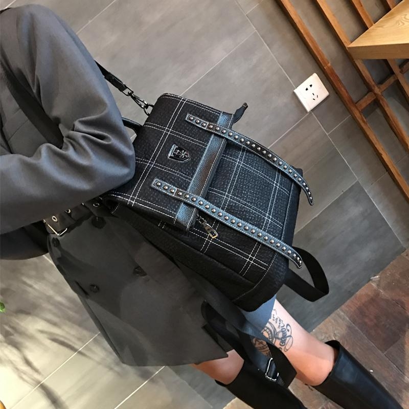 Black Punk Rivets Backpack Handbags Shoulder Convertible Backpack