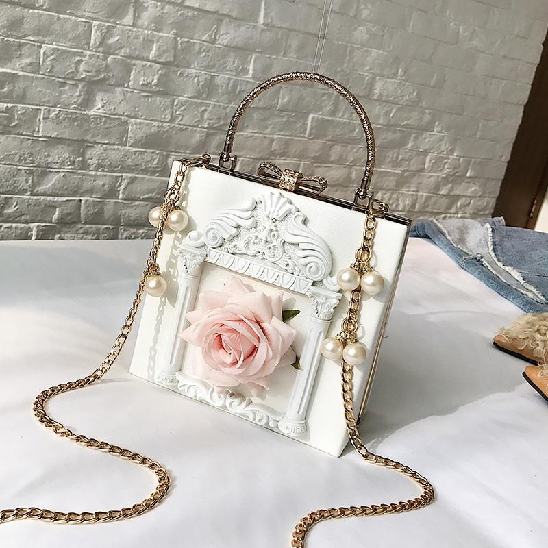 White Retro Angel Box Mini Crossbody Bags Lolita Pearl Chain Bag
