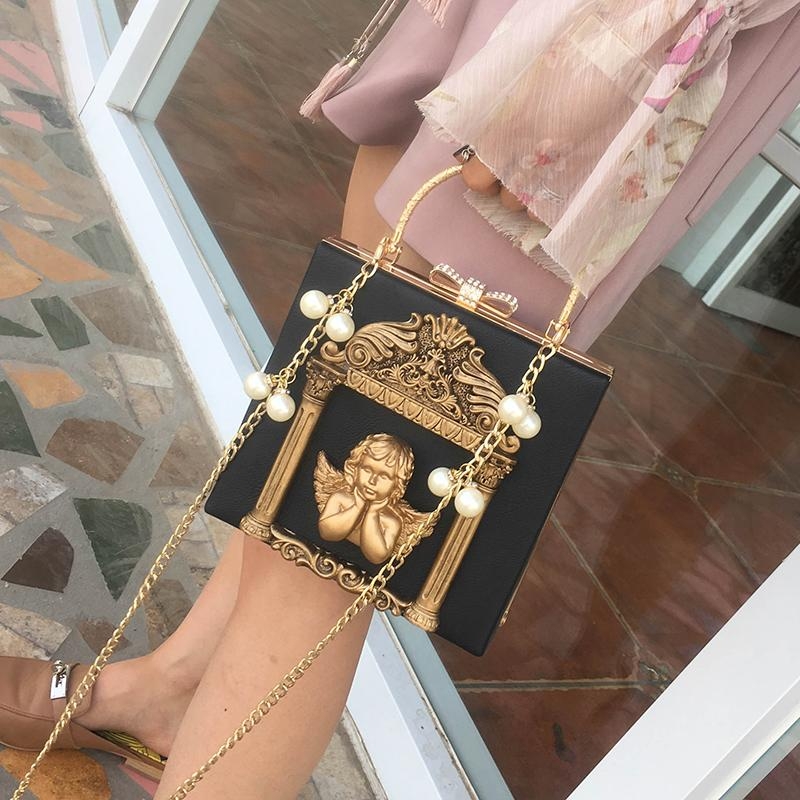 Black Retro Angel Box Mini Crossbody Bags Lolita Pearl Chain Bag